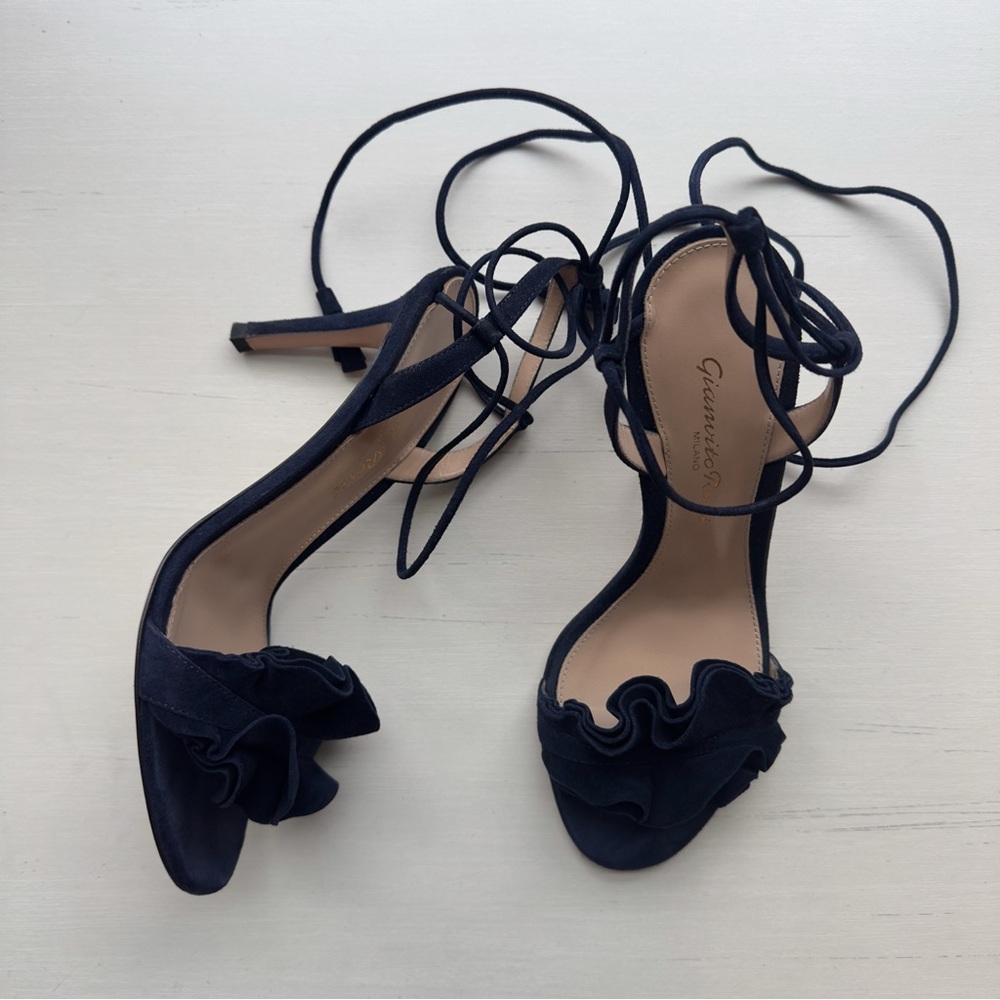 Gianvito Rossi Flora 85 Suede Lace-Up Heels – Navy – Size 35 - Picture 3 of 8